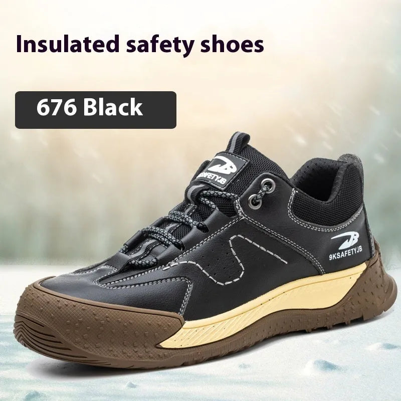 Flyknit leather work shoes with rubber sole, shown in black, brown, grey, and khaki colours.