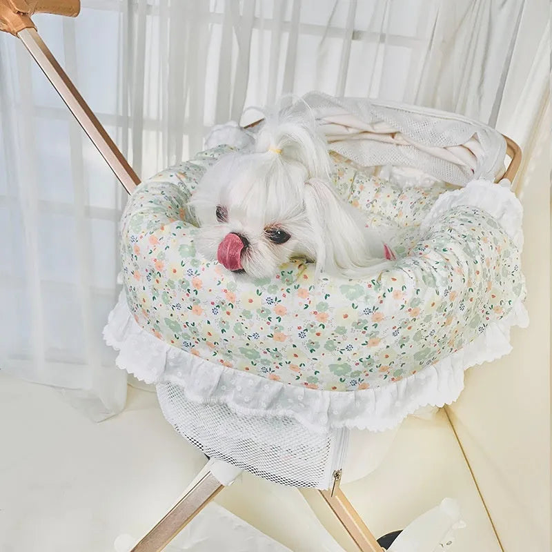 Pure cotton pet stroller cushion set with removable towel, pillow, and floral patterned cover