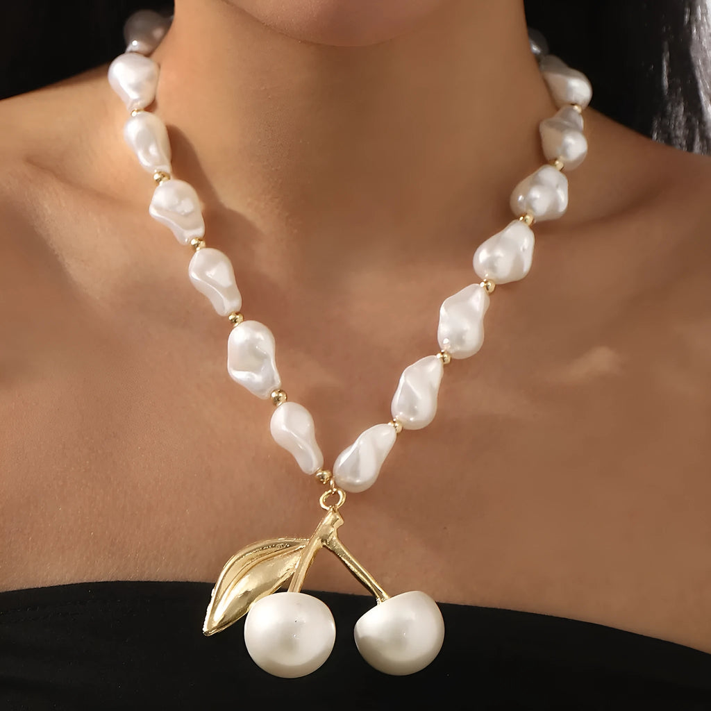 Alloy imitation pearl necklace with irregular geometric cherry fruit pendant on pearl chain