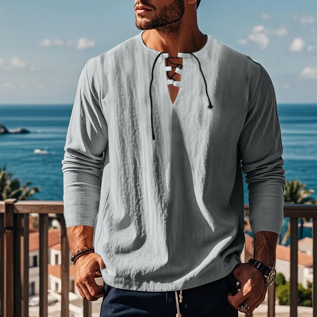 Cotton linen blend beach ruff shirt in loose pullover style available in multiple solid colours