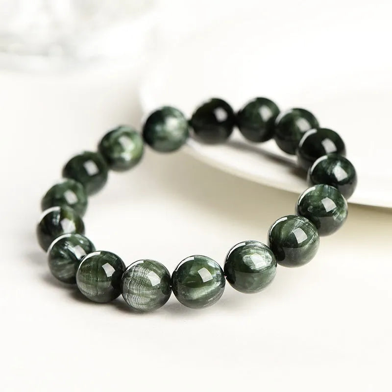 Natural green dragon crystal bracelet with 8-9mm geometric beads and ruyi design