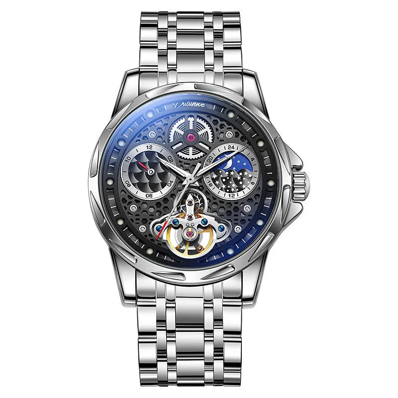 Men's waterproof luminous automatic watch with steel case and black dial on leather strap