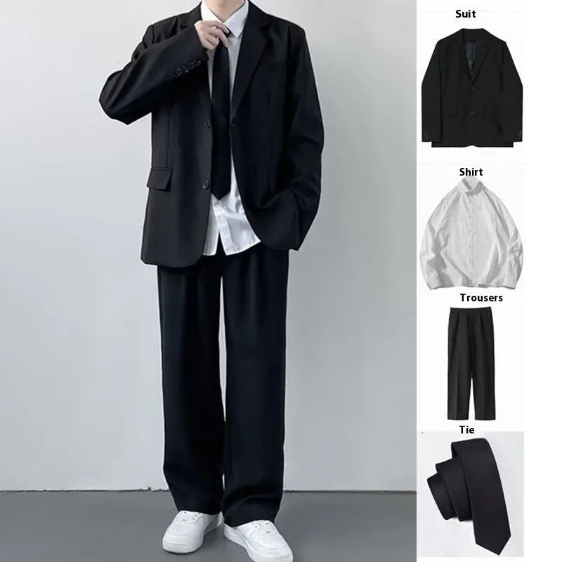 Plus size men's loose fit suit jacket and trousers with white shirt and tie in college style
