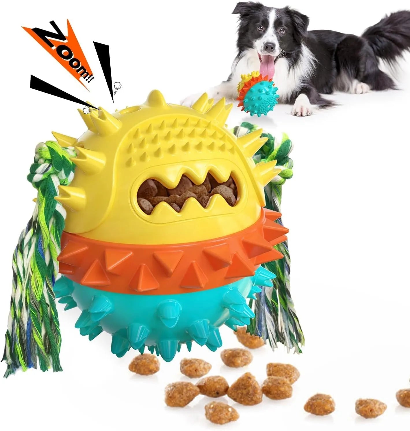 Blue and red TPR rubber dog ball with treat hole and squeaker for large breed chewers.