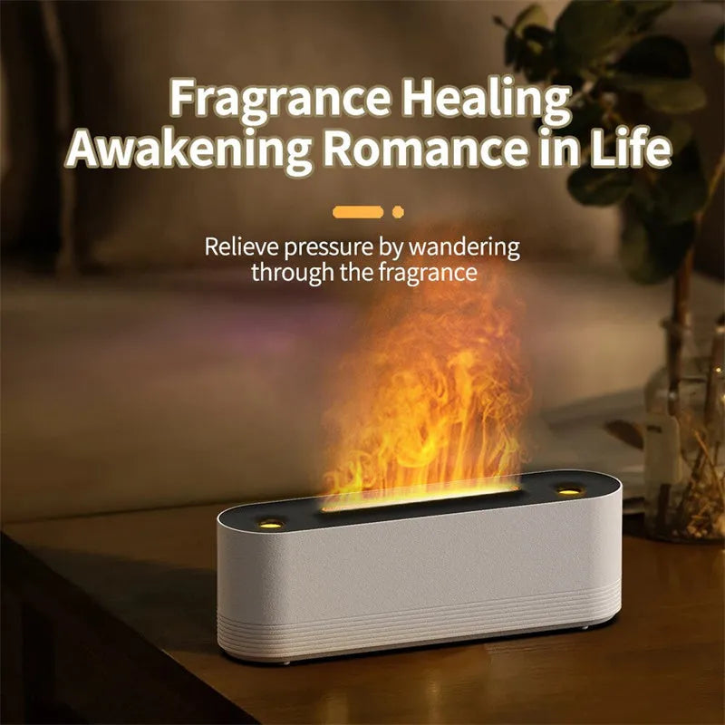 Black ultrasonic aroma diffuser with LED flame light effect emitting cool mist