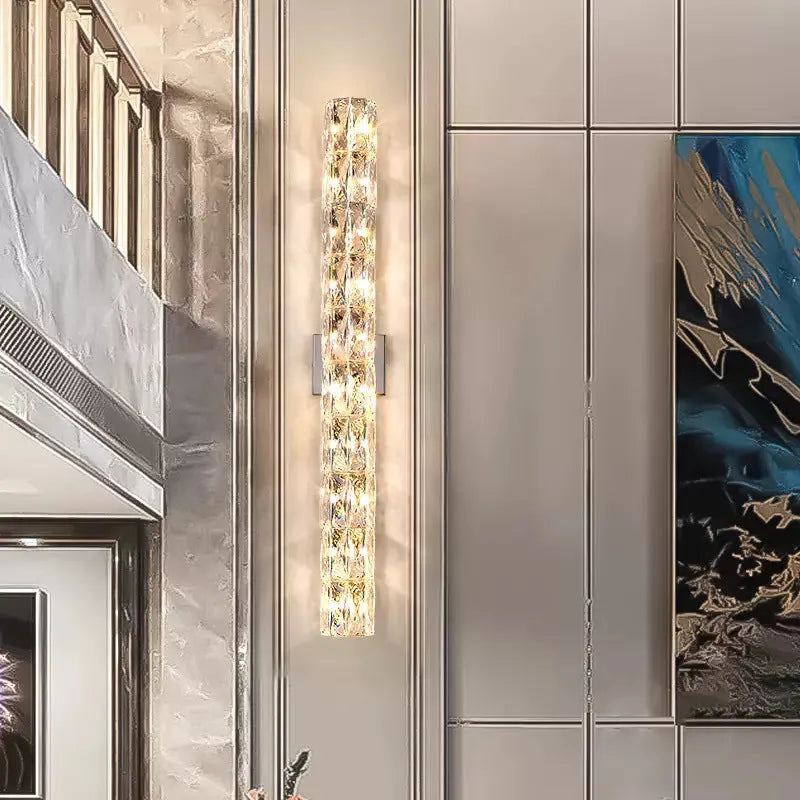 Modern crystal wall lamp with stainless steel body in chrome finish, 400mm length