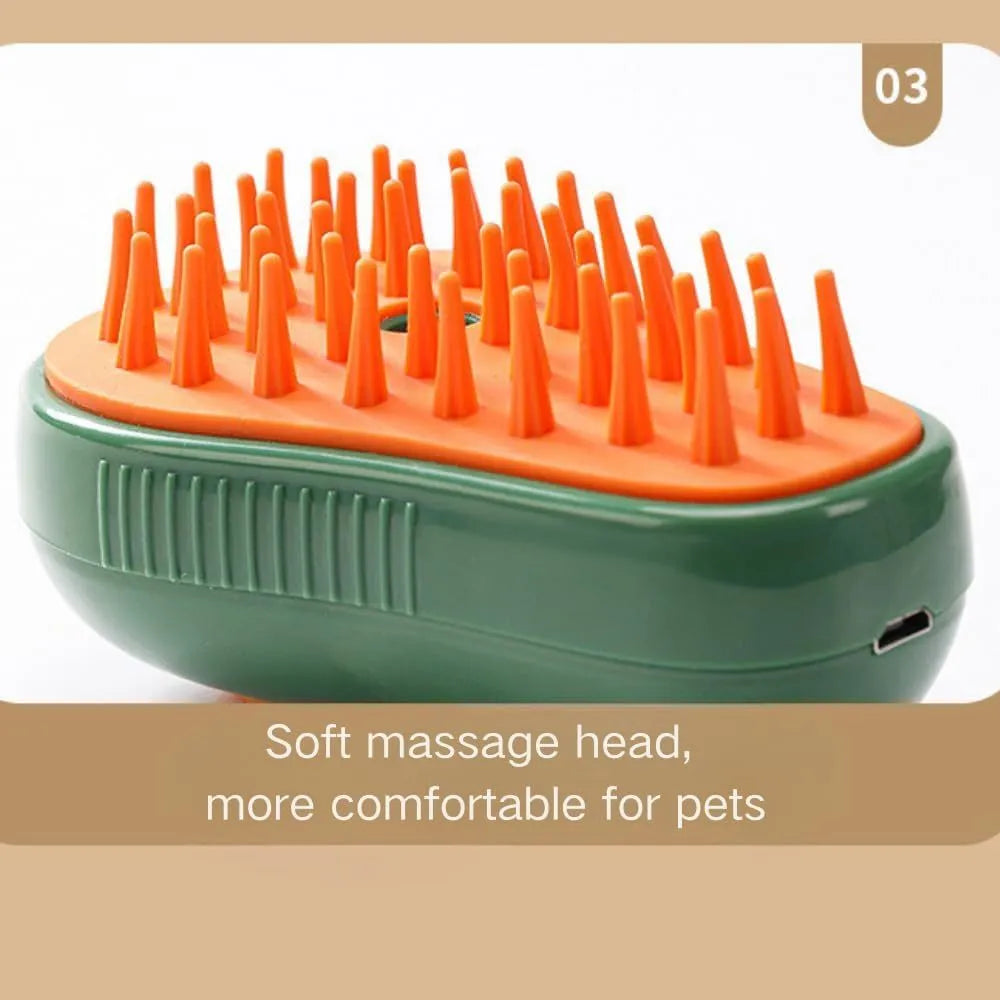 Green and white cat steam brush with water spray function and silicone grooming teeth