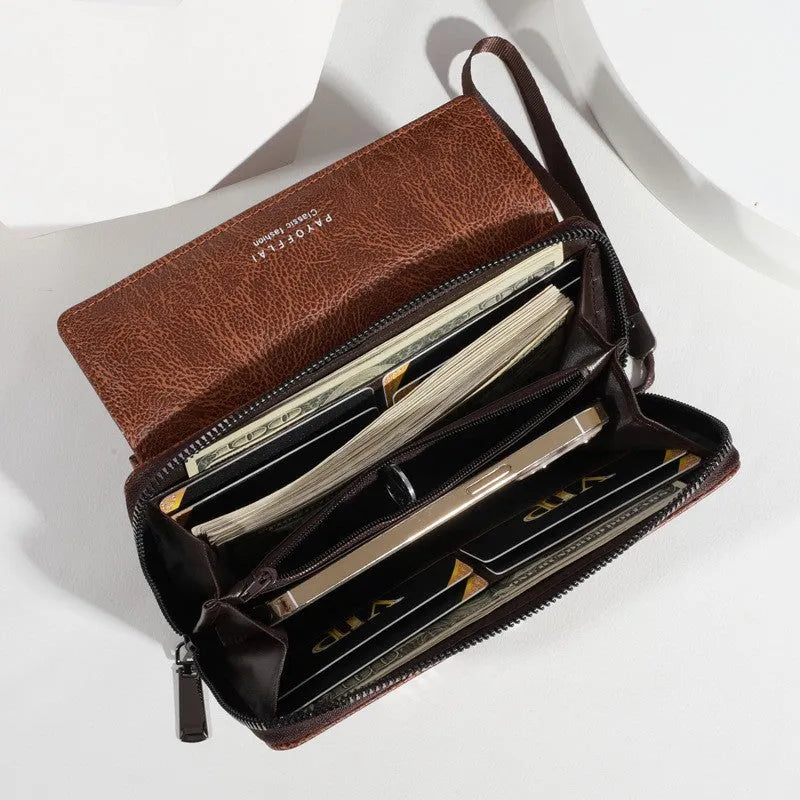 Men's black PU leather long wallet with multiple card slots showing dimensions
