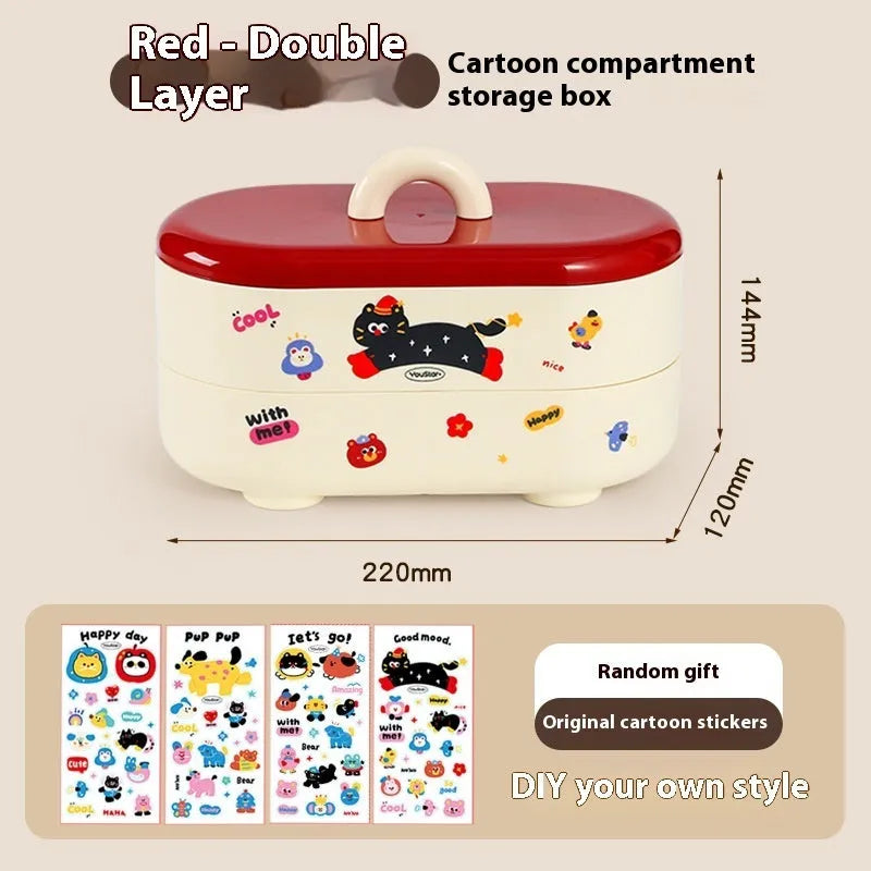Cartoon-style plastic desktop organiser with grid compartments and labelling stickers for stationery storage