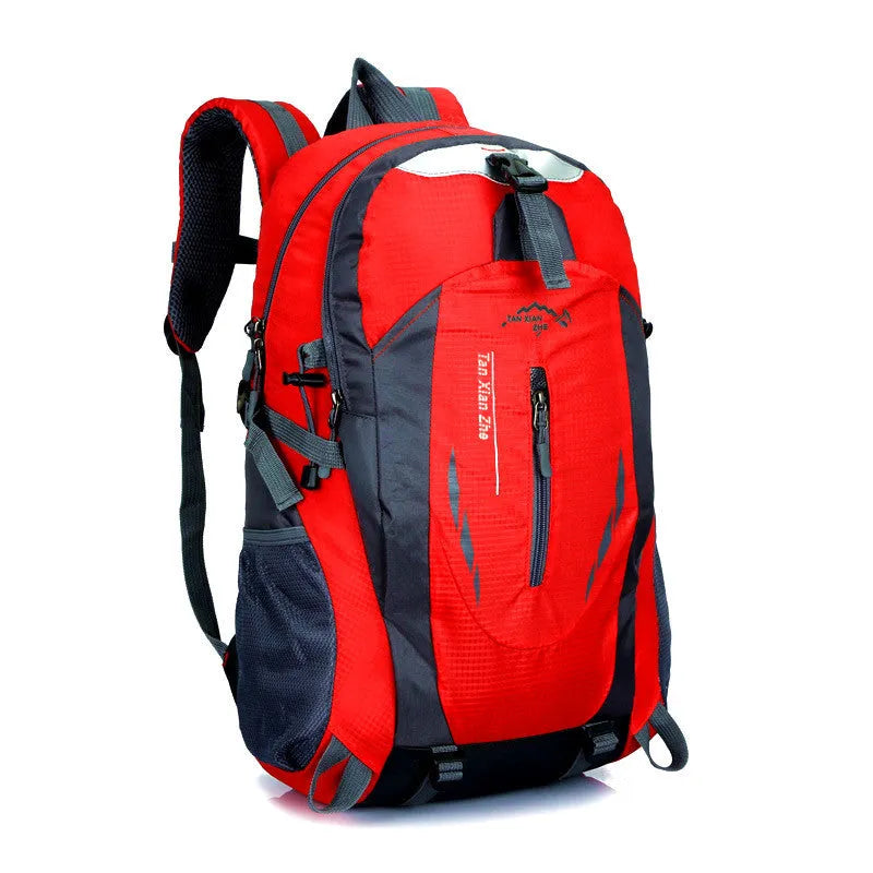 Large outdoor travel backpack in Oxford cloth showing computer pocket, dual shoulder straps, and zipper opening