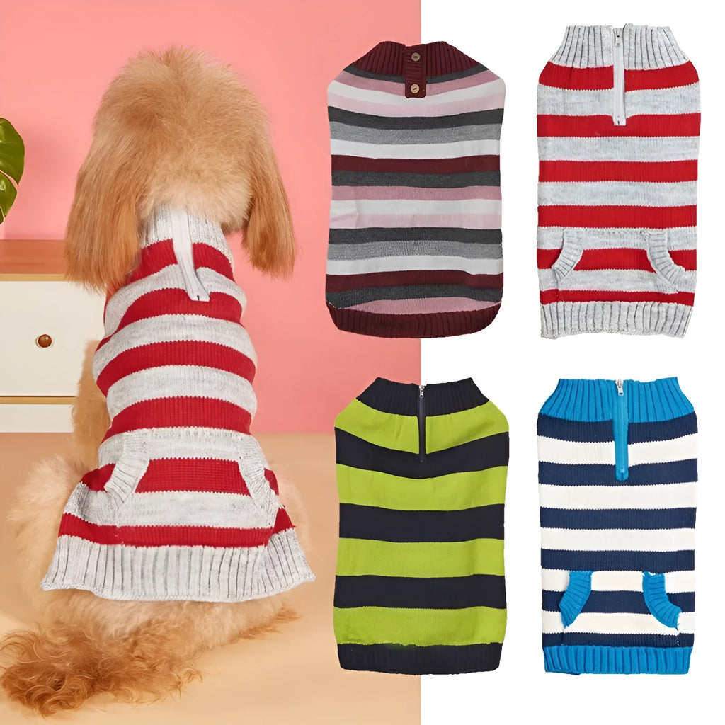 Grey dog sweater with contrast colour horizontal zip and button pockets on a small dog.