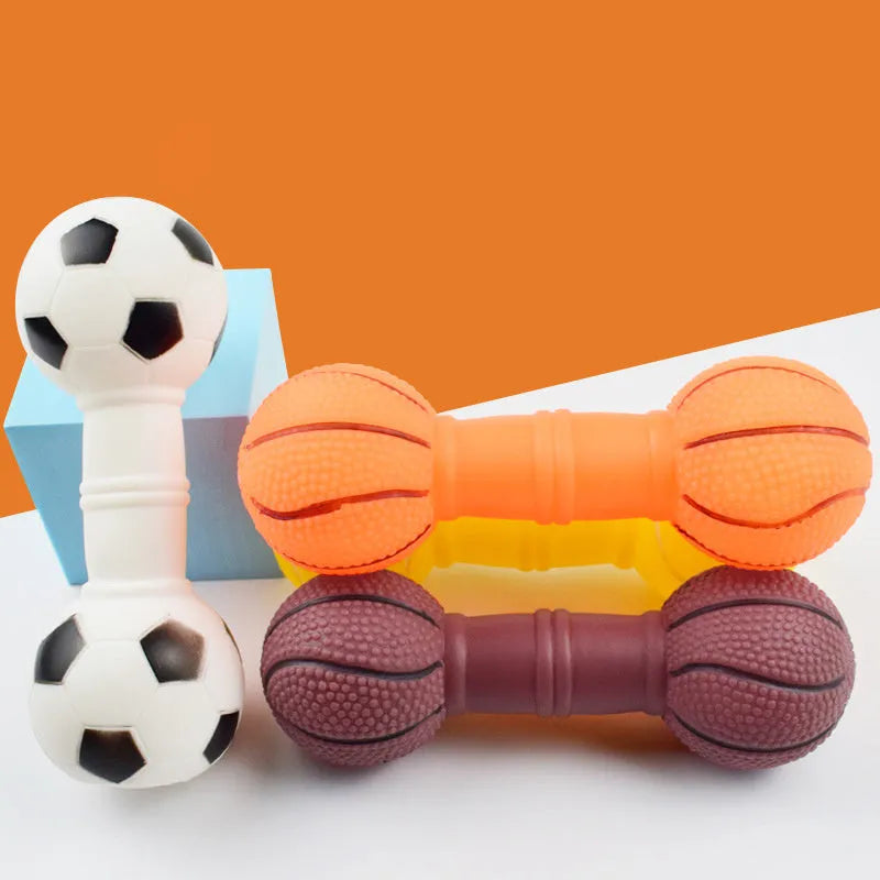 Colourful PVC squeaky dog toy shaped like a football dumbbell on a white background.