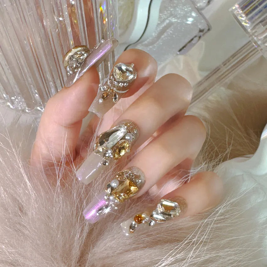 Luxury rhinestone false nail manicure set with phototherapy sealing layer in S size