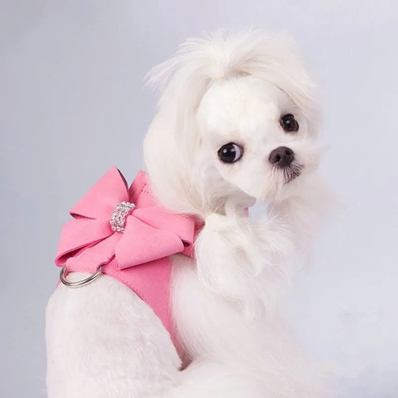 Colourful puppy chest strap harness with bowknot design in microfiber material