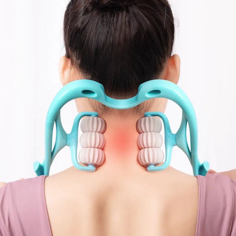 Blue six-wheel portable massager for neck shoulder and waist muscle relief