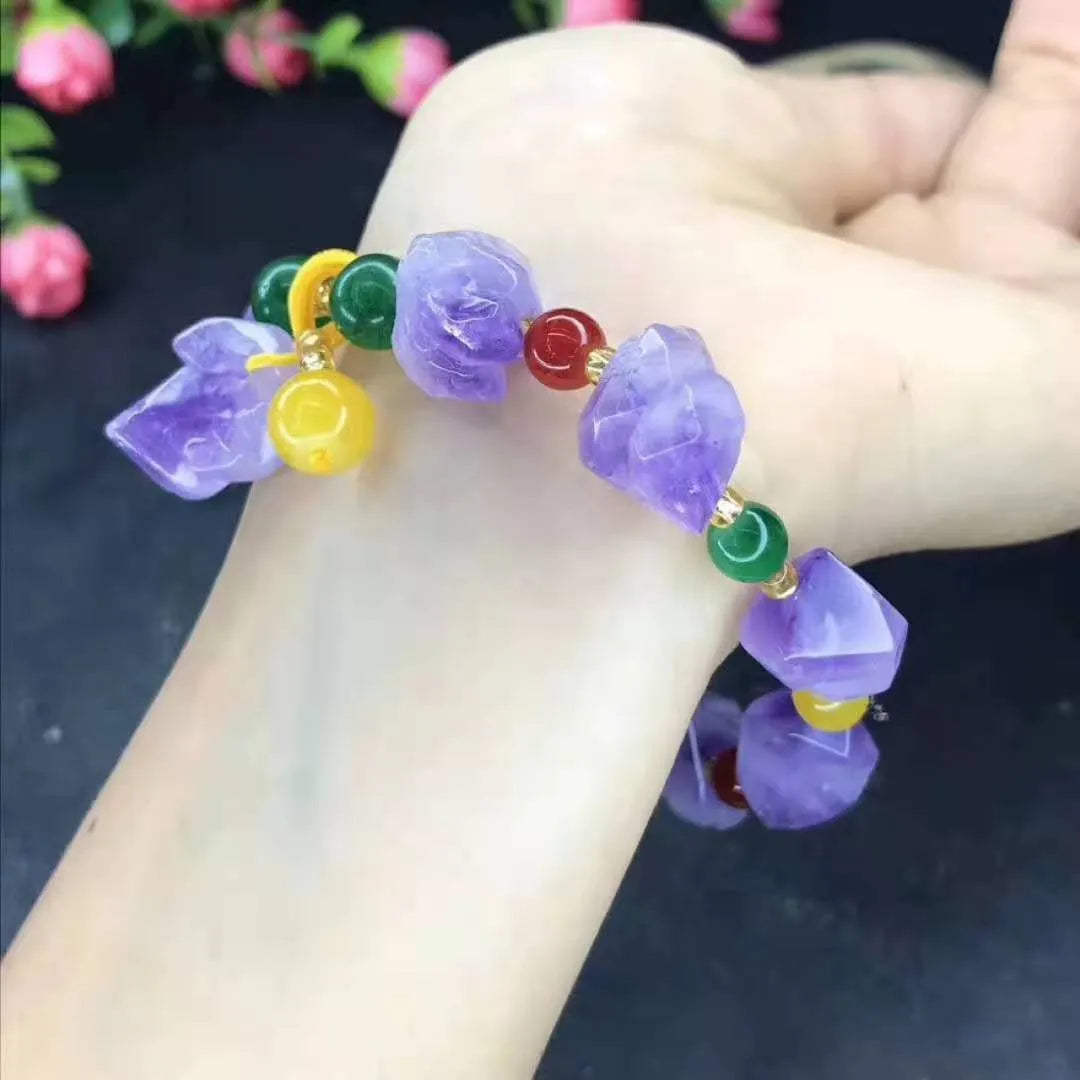 Women's natural shaped amethyst bracelet with fu character bead, adjustable 18-20 cm length