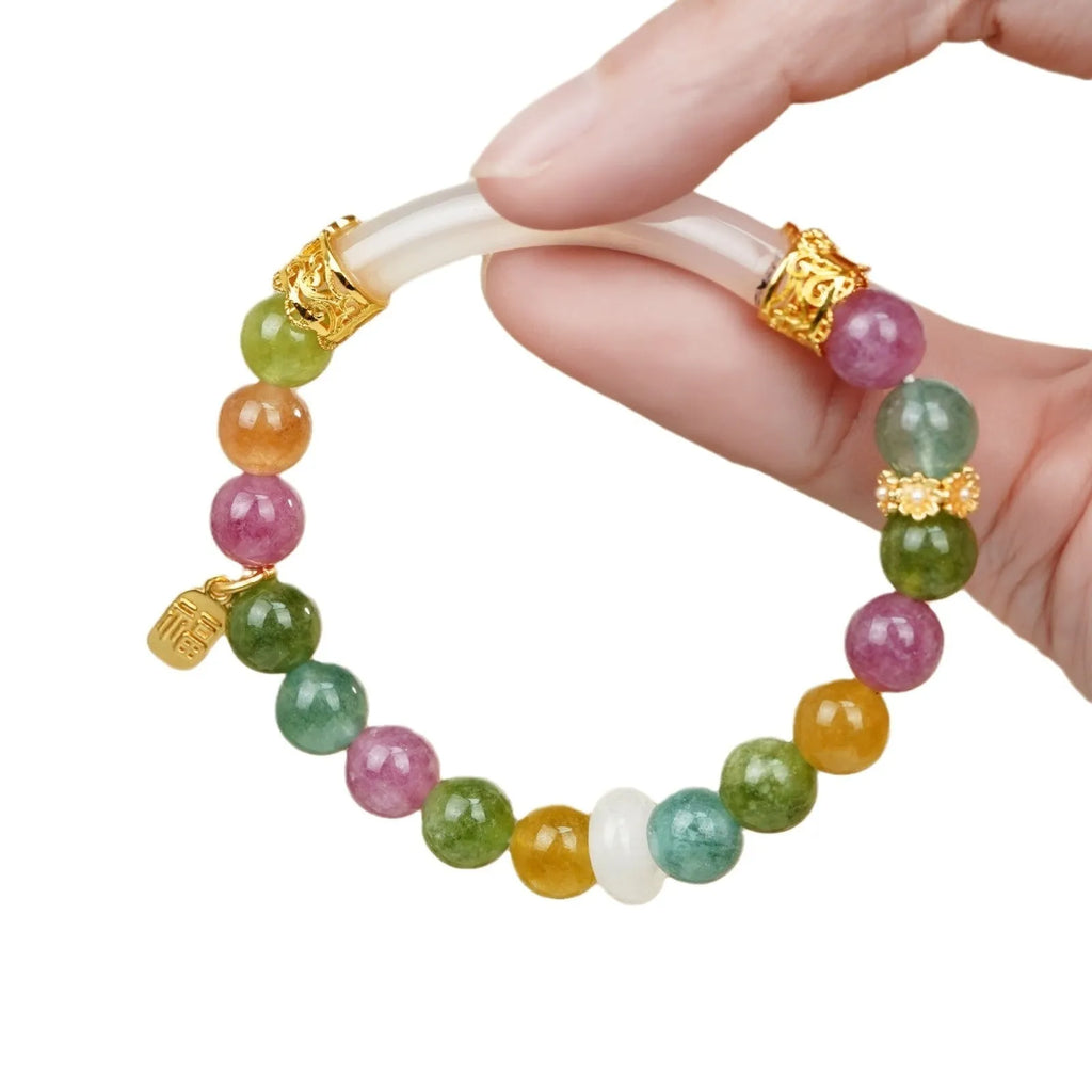 Natural tourmaline rainbow colour half bracelet for women with electroplated finish
