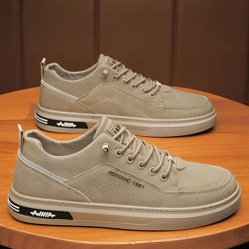 Men's low-top casual sneakers in khaki with round toe and rubber sole.