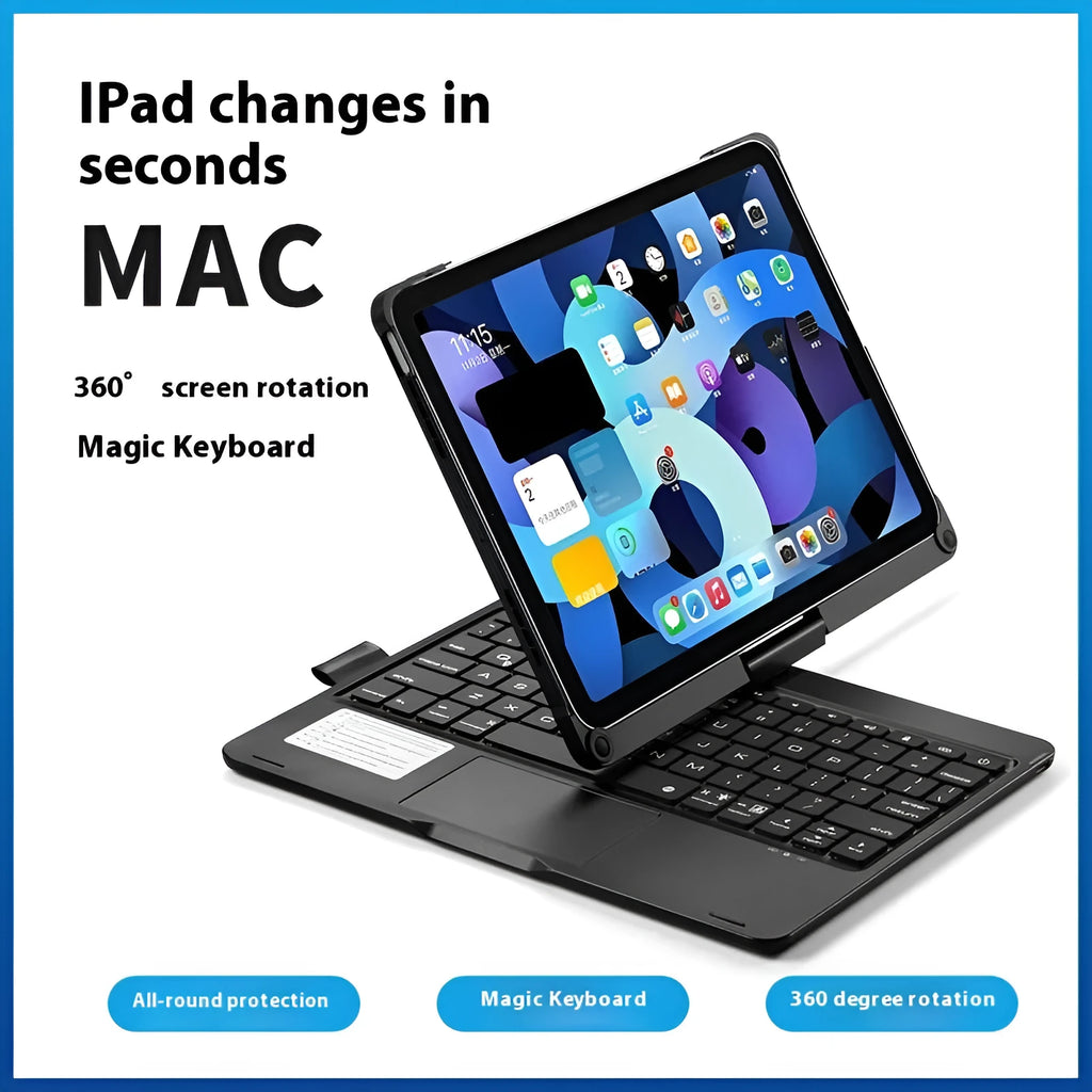 Silver 360-degree rotating Bluetooth keyboard attached to an iPad tablet showing its slim profile.