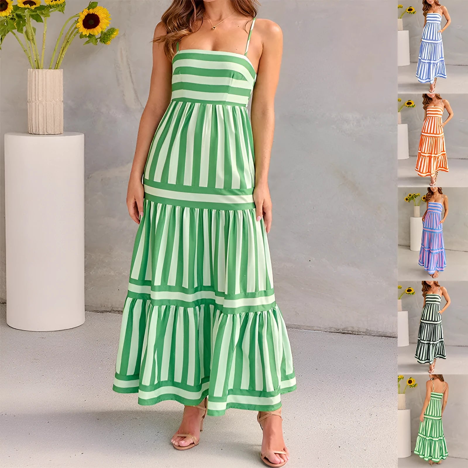 Long striped backless square neck summer dress with side pockets shown in multiple colour options.