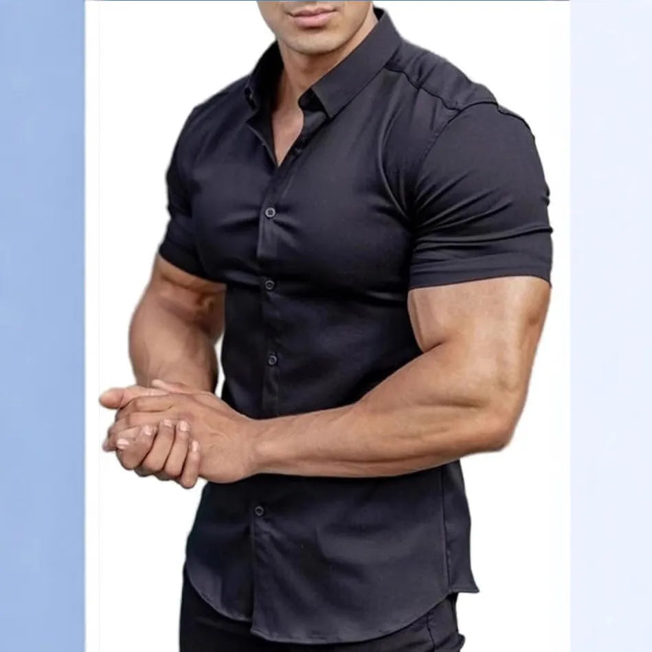 Man wearing a brown short sleeve printed casual shirt with a shirt collar.