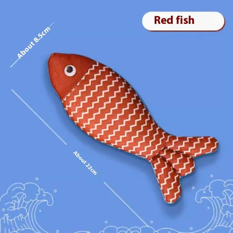 Blue, red, and yellow fish-shaped cat toys in large and medium sizes on a white background.