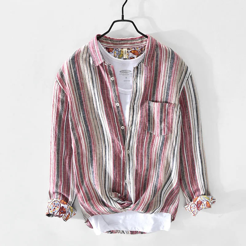 Men's striped linen casual shirt in grey colour with loose fit design and long sleeves