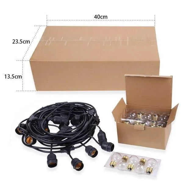 Black decorative light string with filament bulbs and EU plug for indoor outdoor use