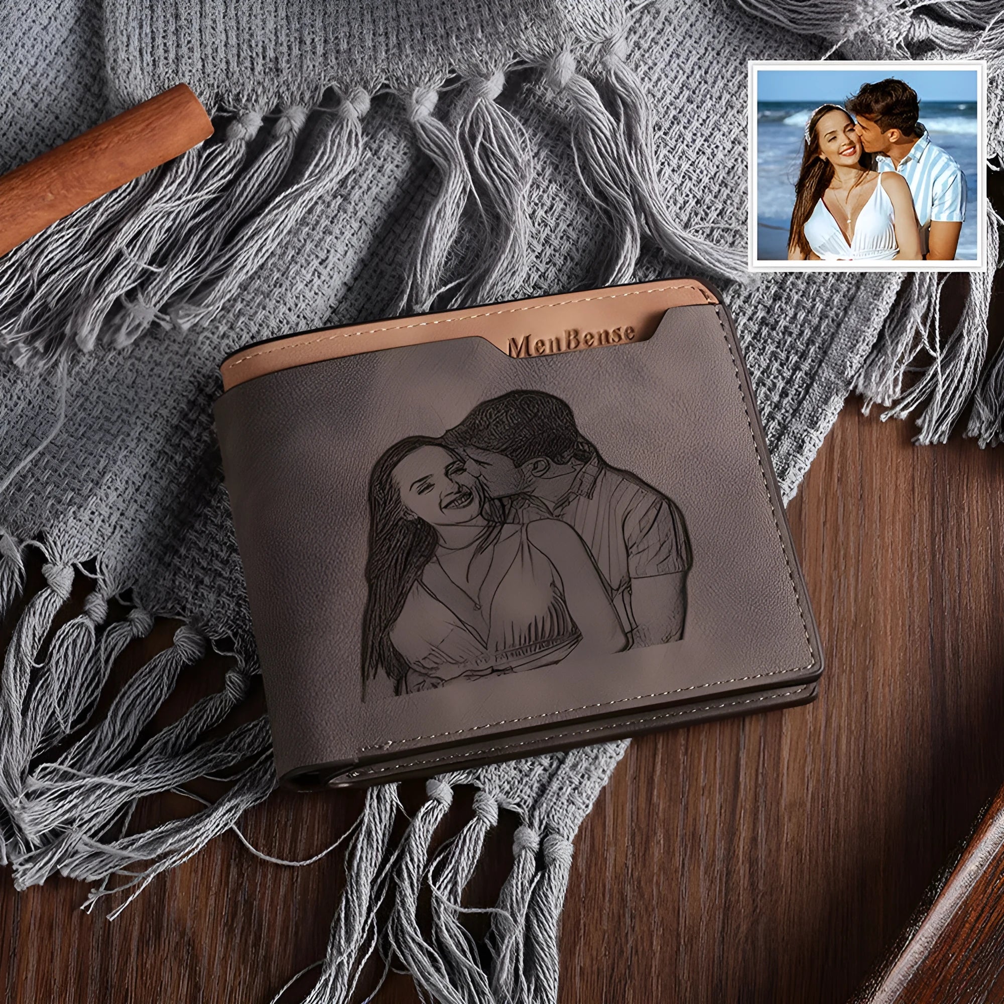 Coffee brown engraved horizontal short wallet with personalisation showing seven-slot interior