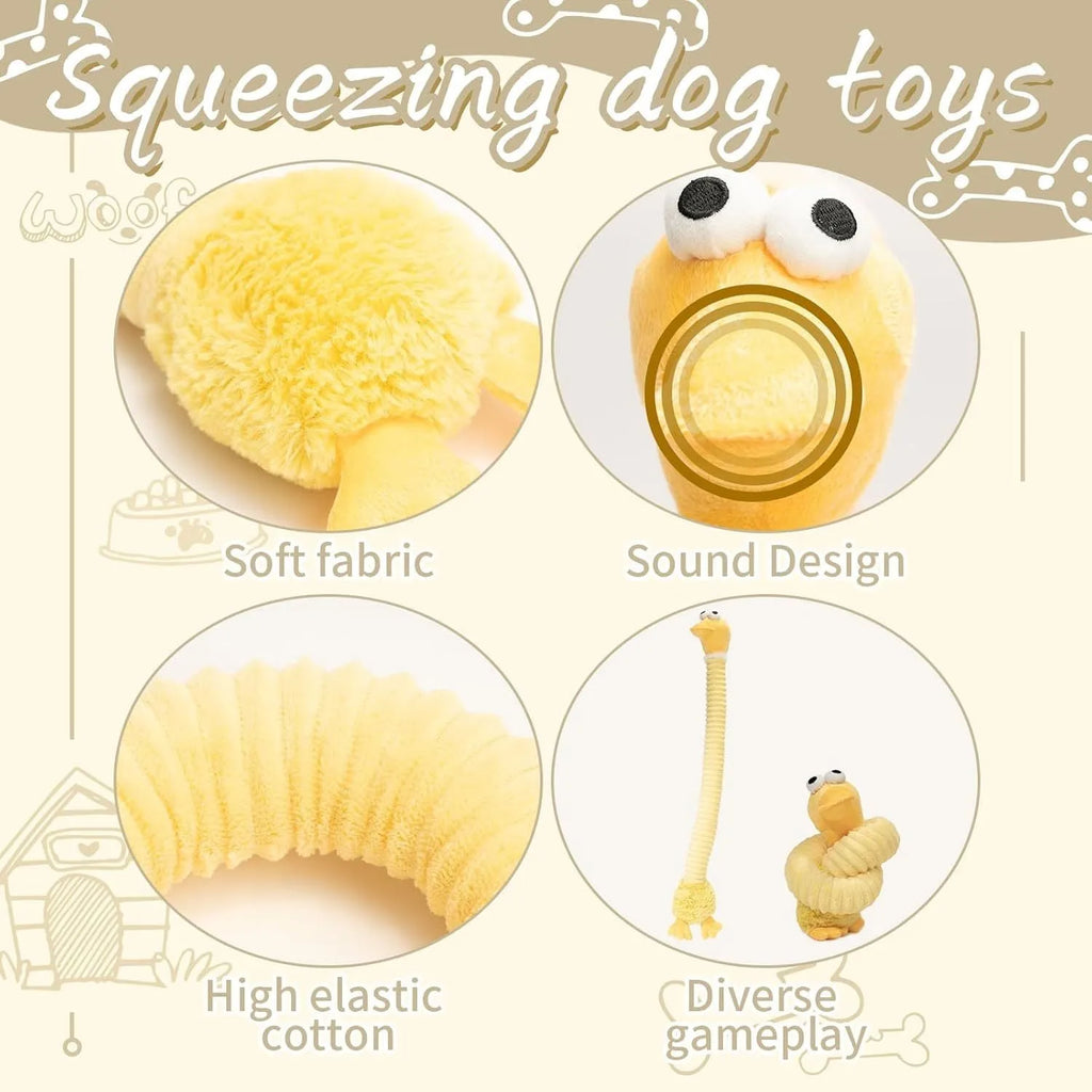 Brown, grey, and yellow plush dog toys with squeakers and crinkle paper inside.