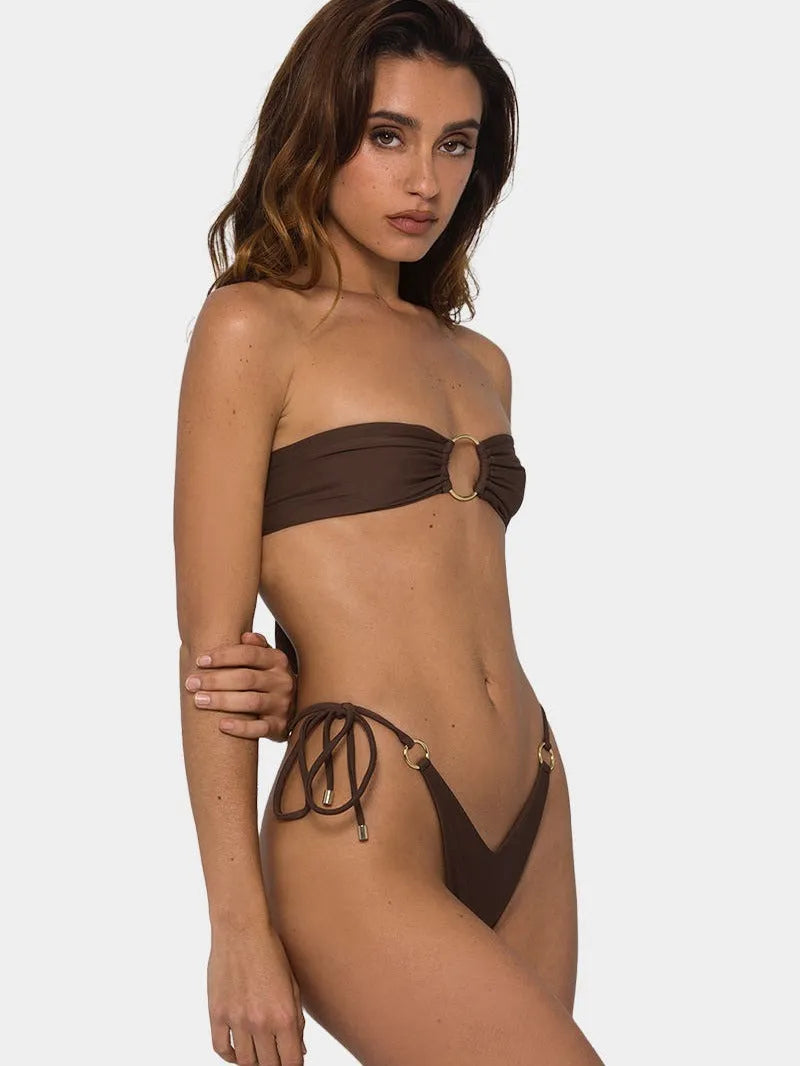Brown tube top bikini set with ring tether and push up design for women swimming