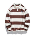 Hong Kong style striped pearl cotton polo shirt in loose fit, shown in sapphire blue colour.