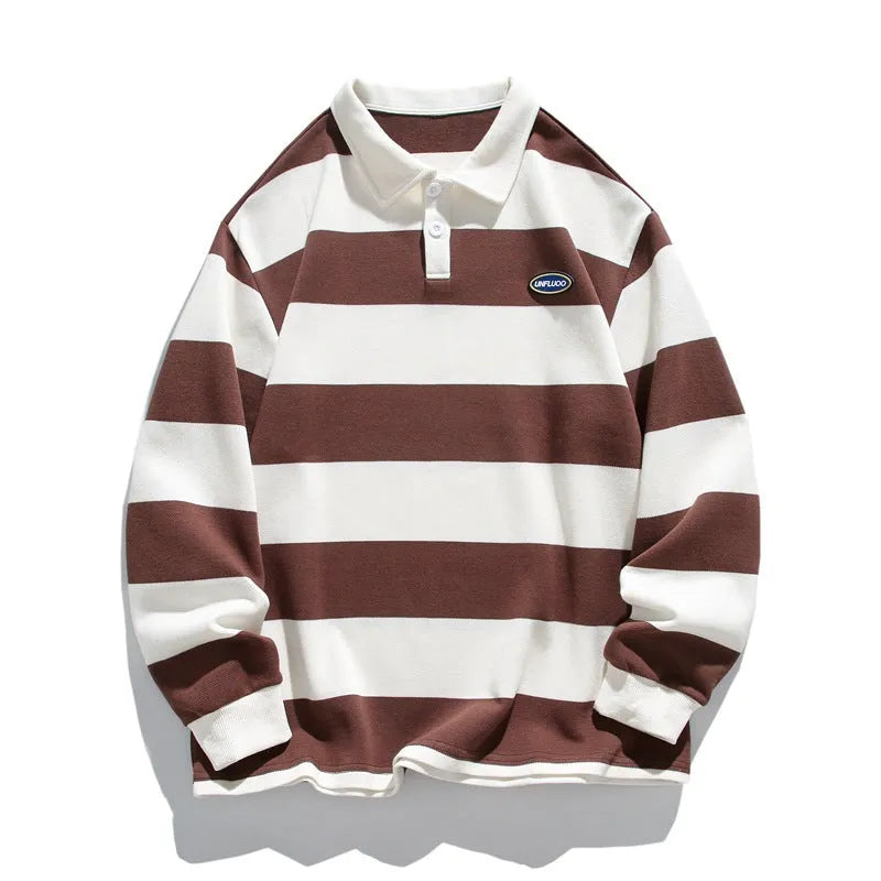 Hong Kong style striped pearl cotton polo shirt in loose fit, shown in sapphire blue colour.
