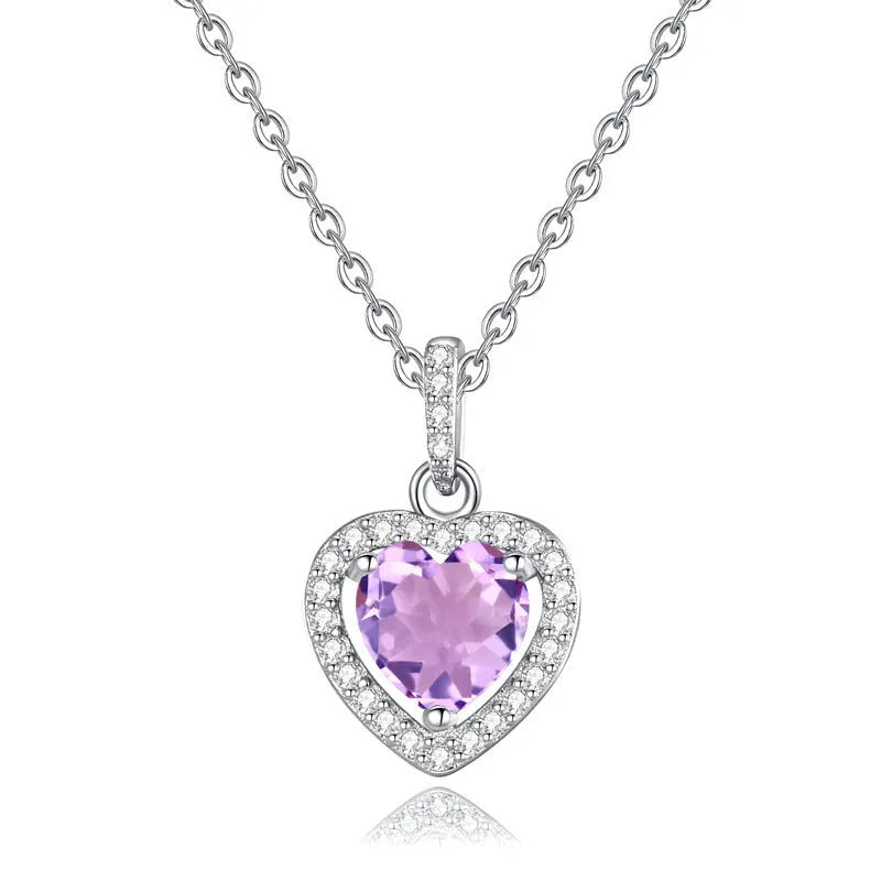 Women's sterling silver heart necklace with natural gemstone in five colour options on cross chain