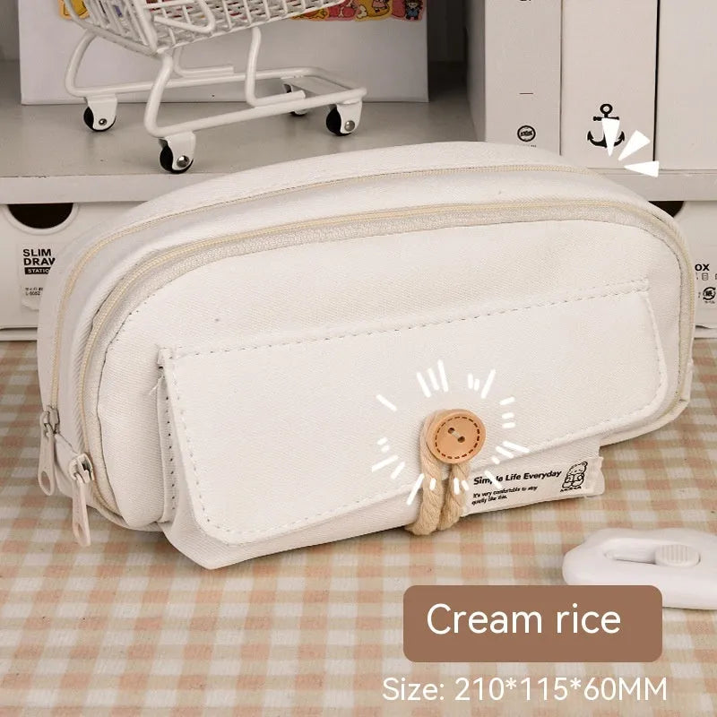 Korean style canvas pencil case in green colour with large capacity for approximately 80 pens