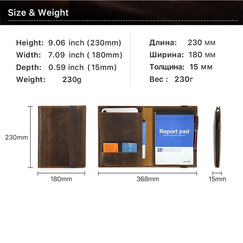 Brown Crazy Horse leather A5 notebook protective sleeve with square socket type design.