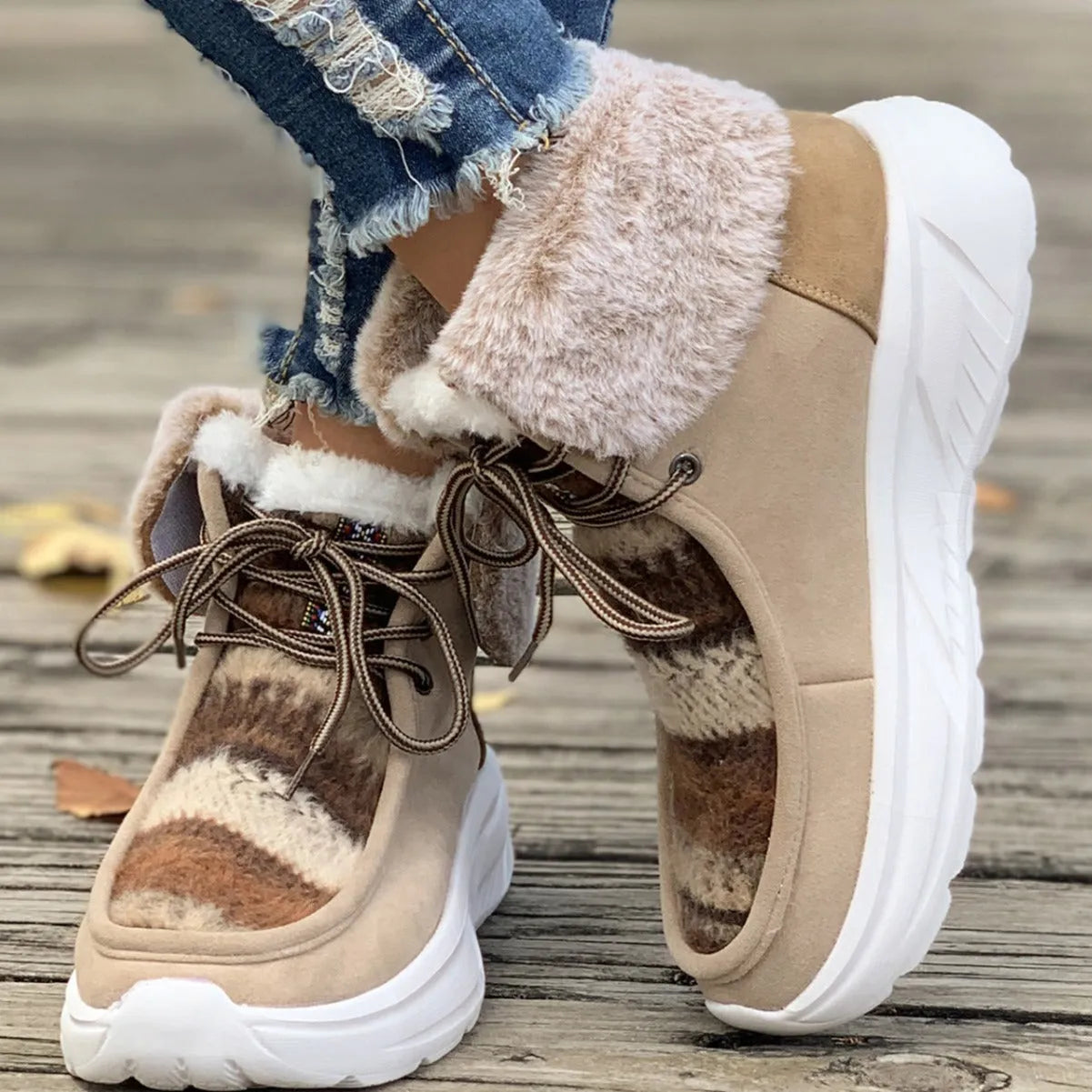 Women's beige lace-up snow boots with suede upper, thick sole, and plush lining