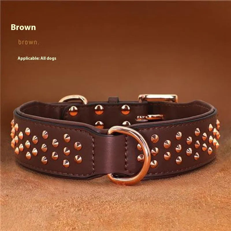 Leather dog collar with metal rivets and a stainless steel D-ring, shown in black, chocolate, and pink colour options.
