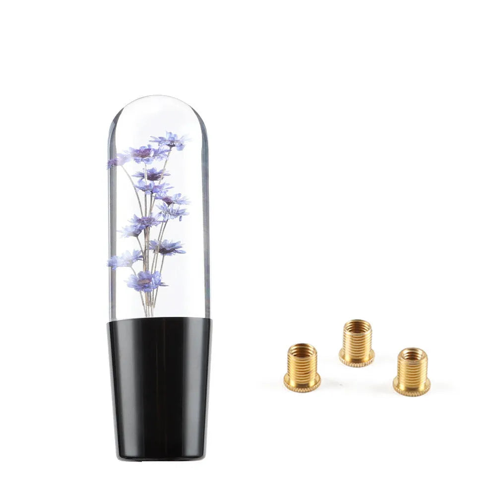 15cm transparent crystal car gear head with water flower design, shown with three metal adapters.