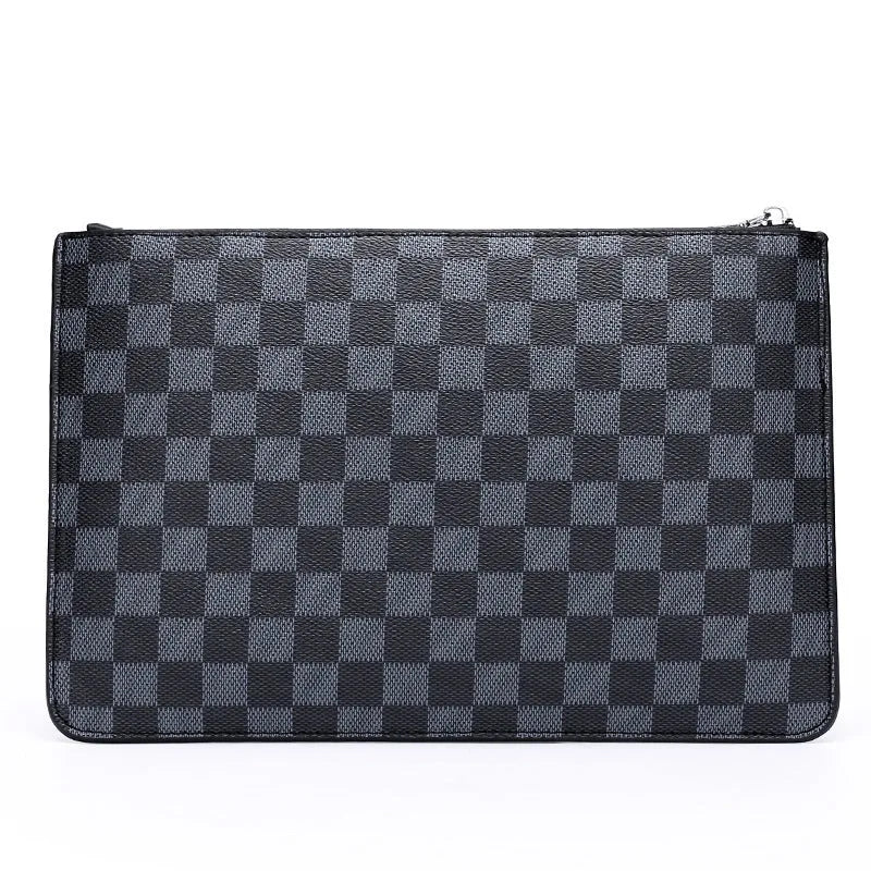 Men's black checkered PU leather clutch wallet showing six card slots and bill compartment