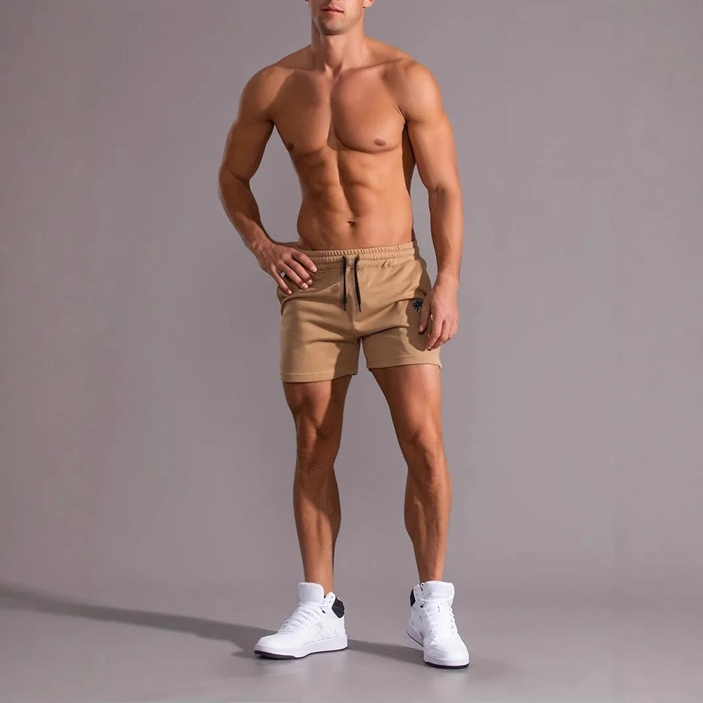 Men's khaki coconut print sports shorts with straight leg and micro-elastic polyester fabric