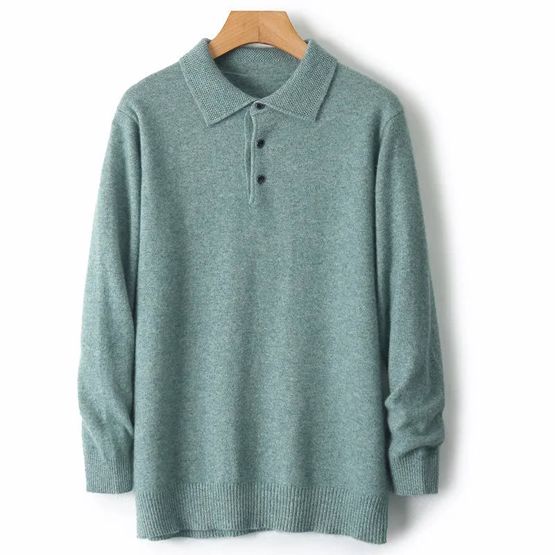 Men's grey woolen pullover sweater with a polo collar and long sleeves on a hanger