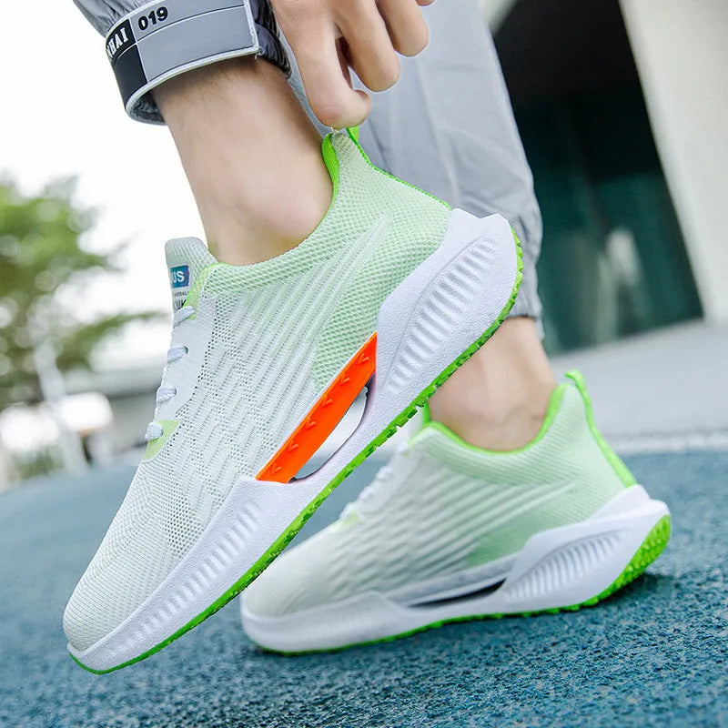 Men's breathable mesh sports shoes in blue, gray, or green with round toe and plastic injection moulded sole