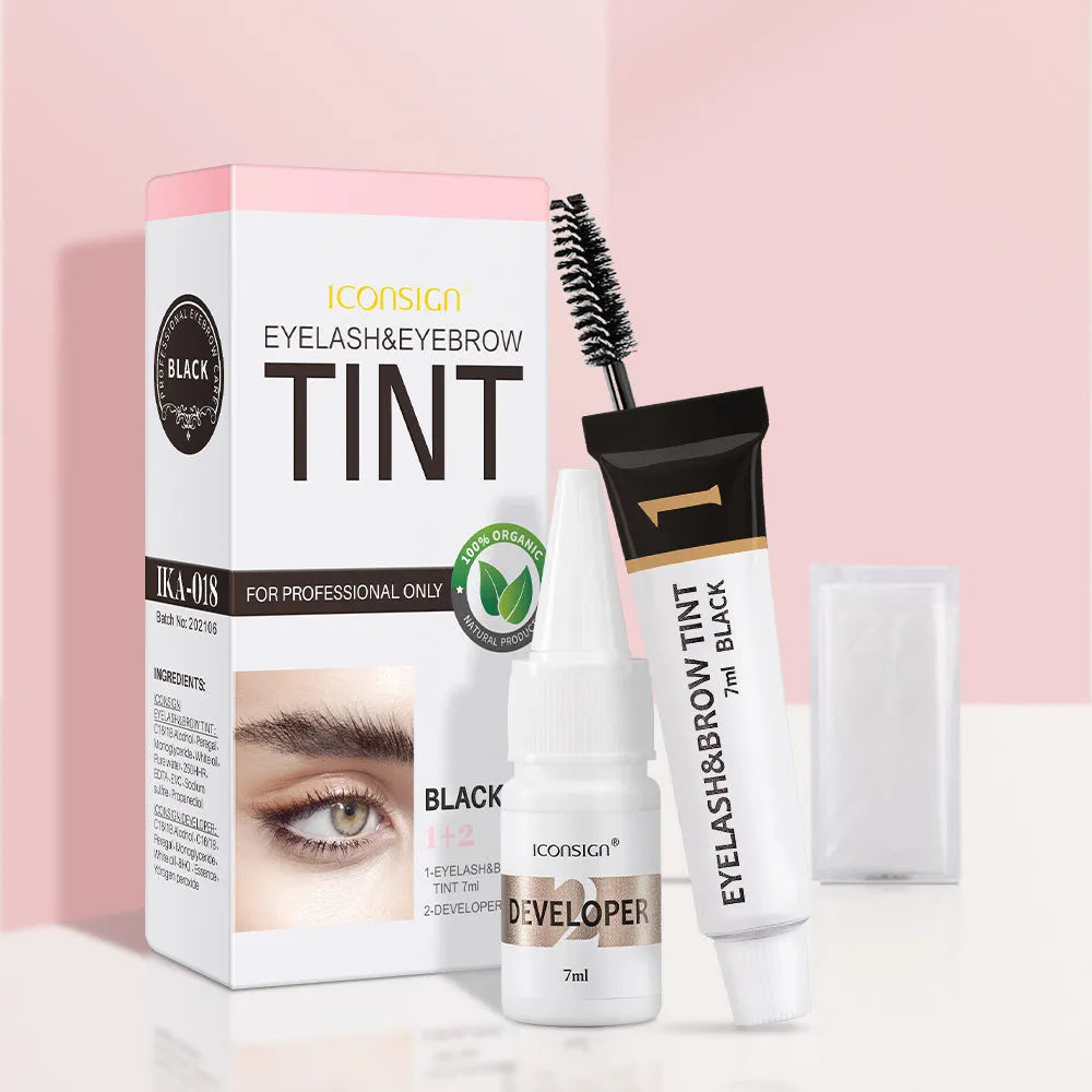 ICONSIGN eyelash and eyebrow tint kit with 5ml tint, 5ml developer, two brushes and gloves in black, coffee and brown