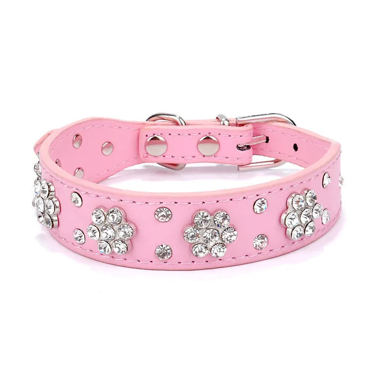Cute PU leather dog collar with studded rhinestone flower pattern available in multiple colours for small and medium dogs