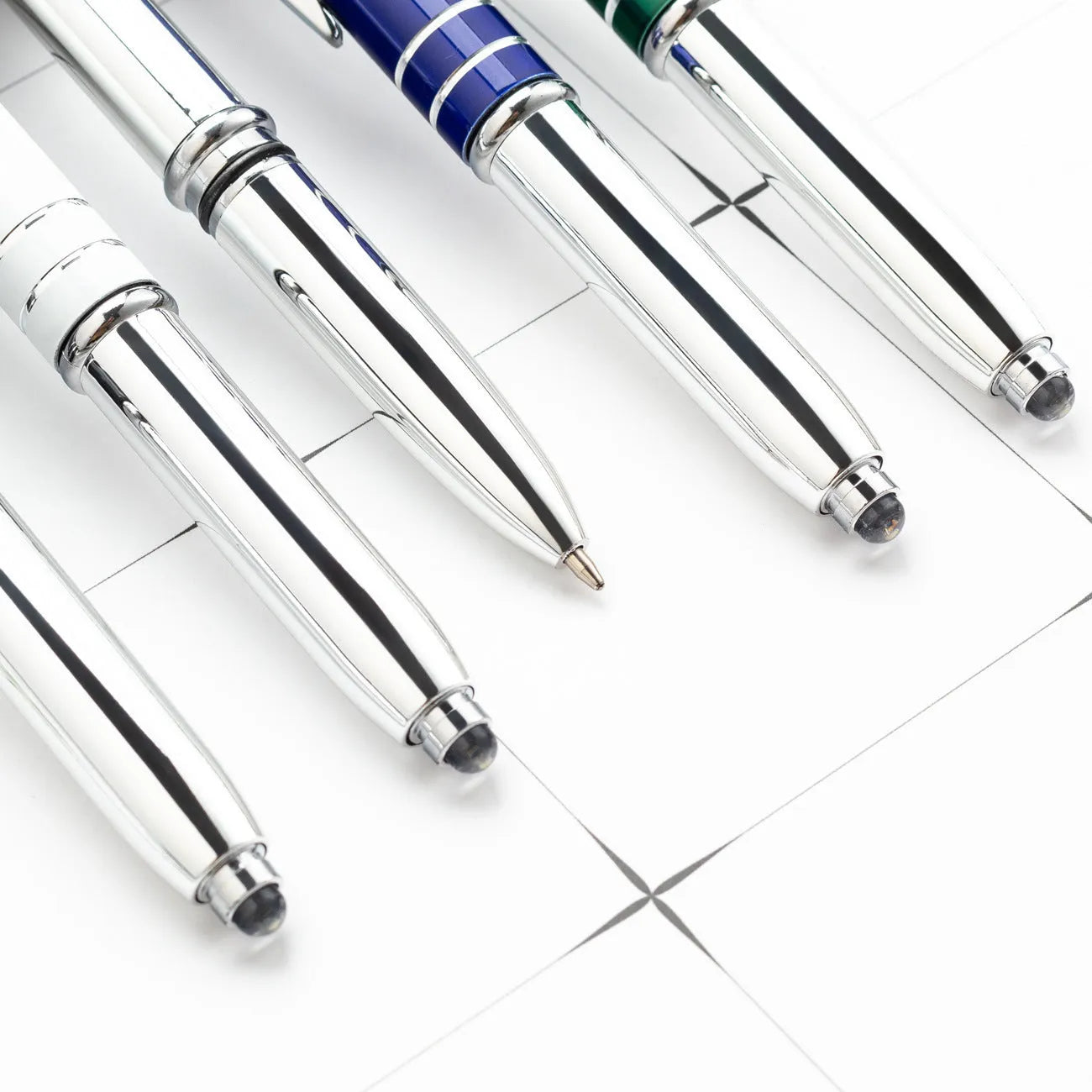 Multifunctional metal capacitive stylus pen with LED light in five colour options showing bullet type tip