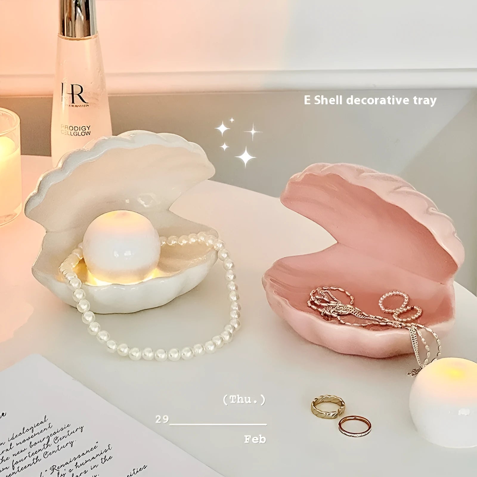 White porcelain storage tray with integrated small night light in modern minimalist style.