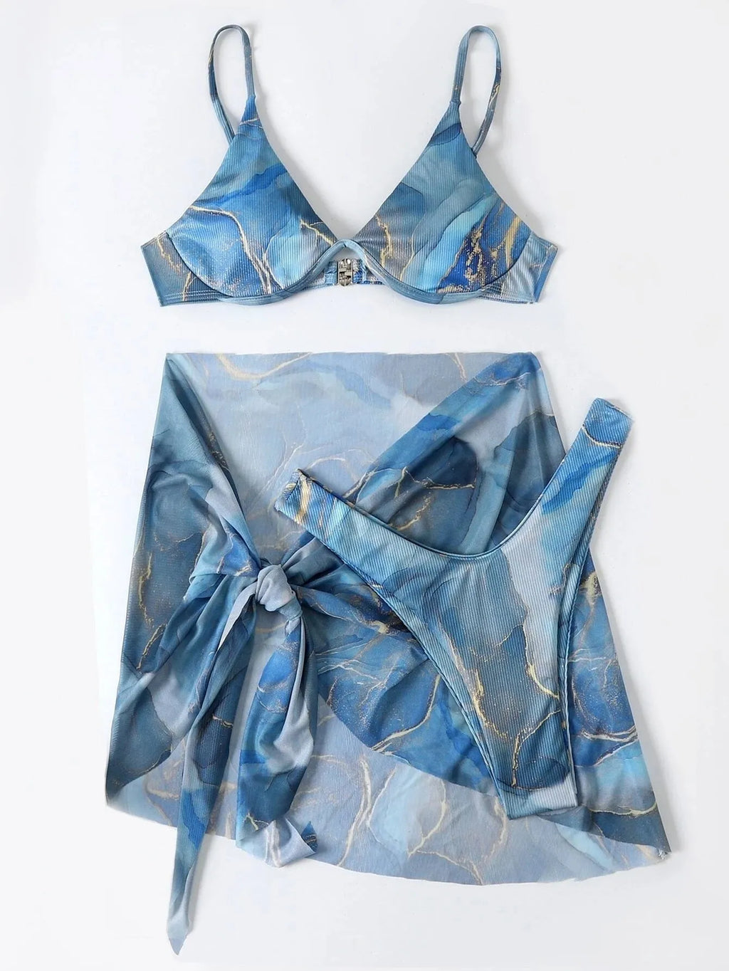 Three-piece marble print bikini swimwear set showing bra, briefs and skirt in blue colour