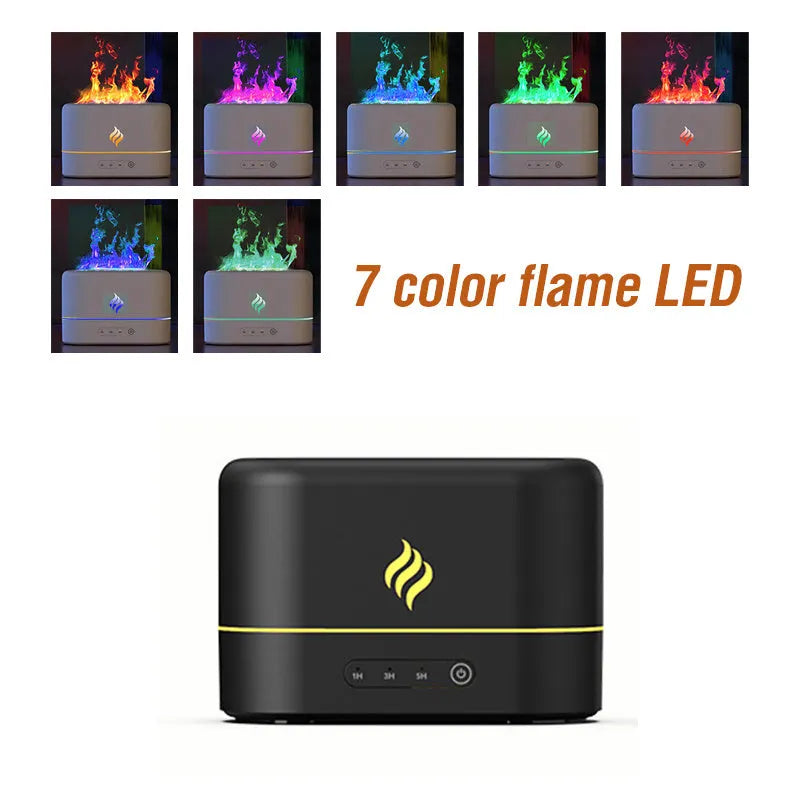 Black USB aromatherapy humidifier with simulated seven-colour flame effect and water tank.