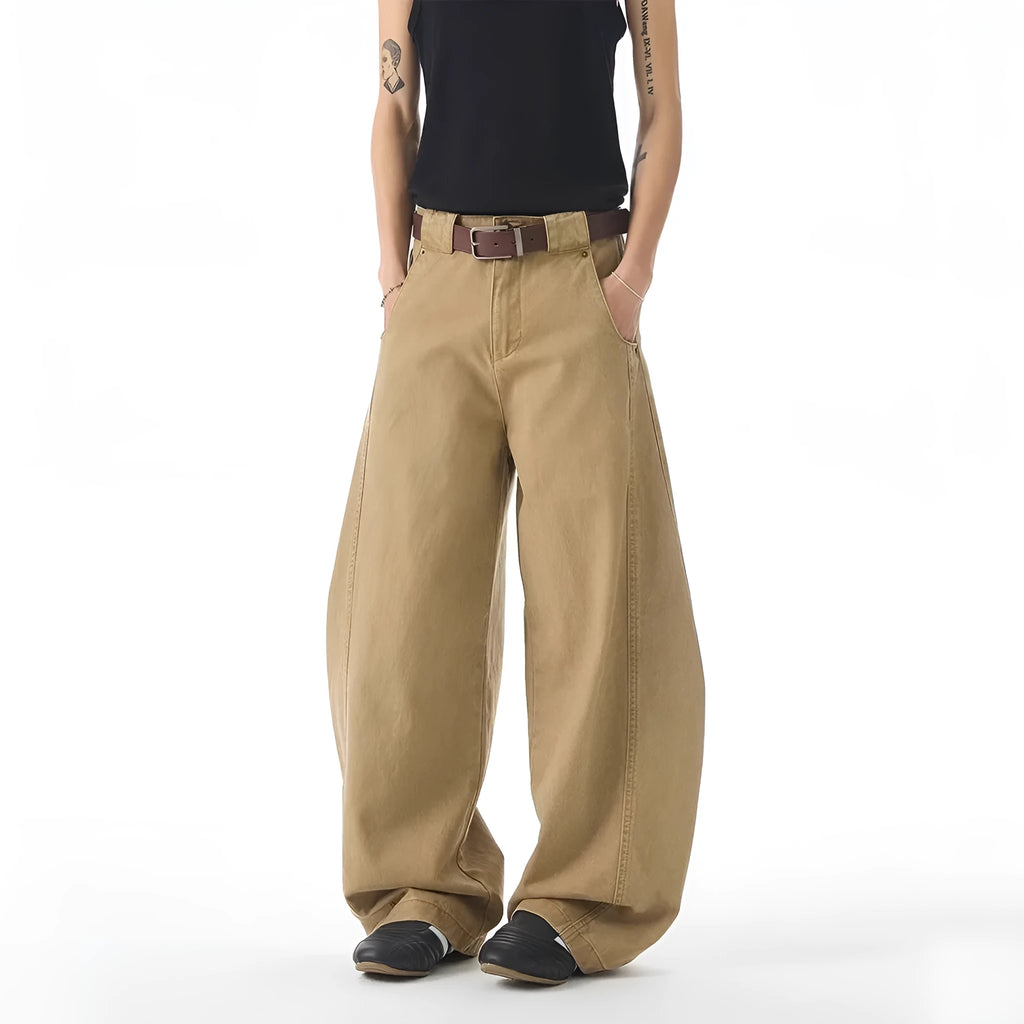 Brown Korean-style loose jeans for men with straight leg design and cardigan button fly